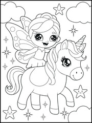 Black and white fairy coloring pages for kids. Children's coloring books with cute cartoon fairy and unicorn characters, fun and educational materials for kindergarten.
