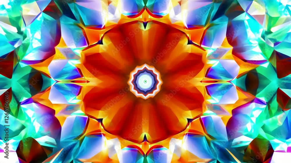 Poster a colorful design with a red center and blue and orange surrounding it. the design is made up of man