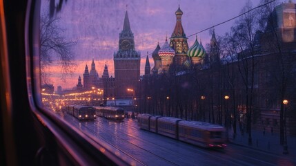 Naklejka premium A view of Moscow iconic Red Square and St. Basil Cathedral from a train window at twilight.