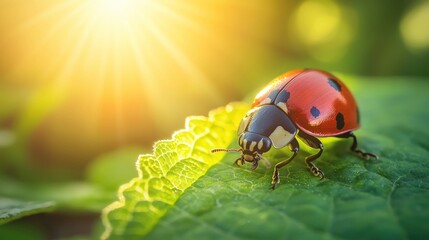 Fototapeta premium Close-up of a ladybug on a green leaf with sunlight filtering through