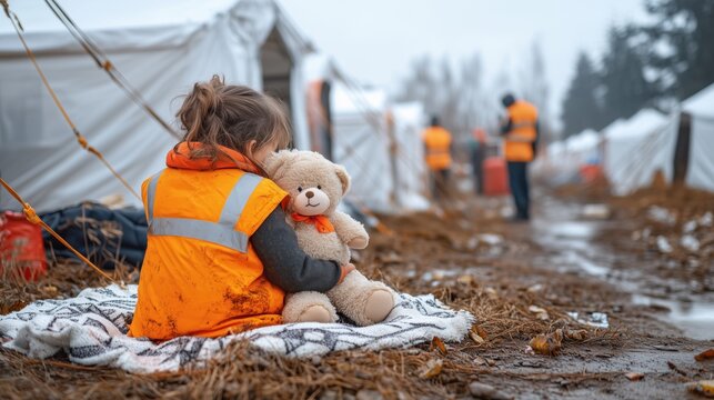 Sad refugee child wearing an orange safety vest hugging a teddy bear in a refugee camp