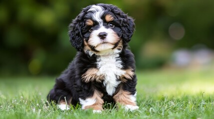 Fototapeta premium A young puppy sits attentively, embodying innocence and curiosity. 