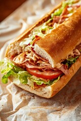 Obraz premium Long sub sandwich with ham, tomatoes, lettuce, and sauce on crumpled paper