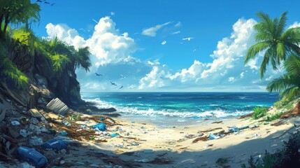 Pollution on the beach of tropical sea. Plastic garbage, foam, wood and dirty waste on beach in summer day.