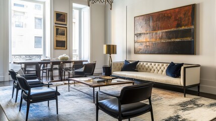A lavish living room features modern furniture and abstract art