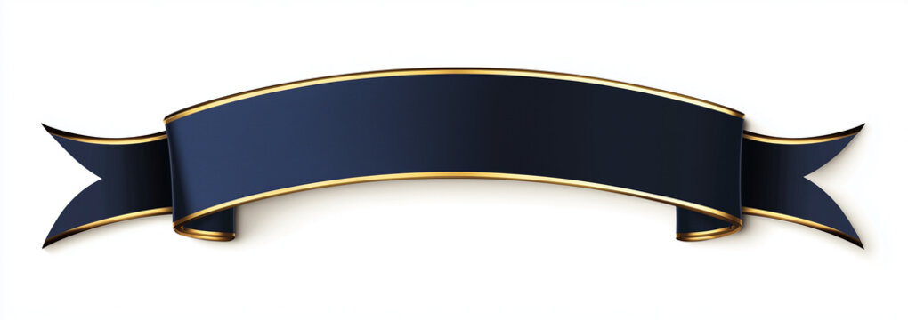 Navy Blue Ribbon Banner with Gold Edges on Isolated White Background, Elegant and Luxurious Design