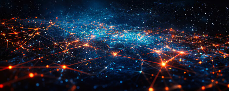 Explore a mesmerizing digital universe, showcasing interconnected networks of glowing nodes and cosmic elements