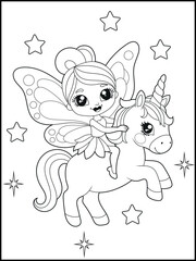 Black and white fairy coloring pages for kids. Children's coloring books with cute cartoon fairy and unicorn characters, fun and educational materials for kindergarten.