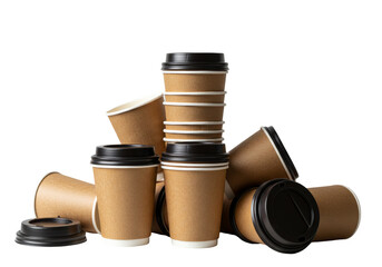 Group Of Brown Disposable Paper Coffee Cups With Black Lids On Black Background