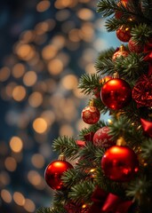 A decorated christmas tree with red and gold ornaments with a bokeh background of twinkling lights bokeh red bokeh abstract background glow design light texture effect sparkle