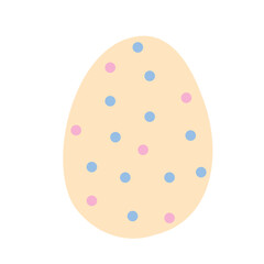 A soft beige Easter egg with blue and pink polka dots on a white background. Ideal for festive designs, greeting cards, and digital art. 