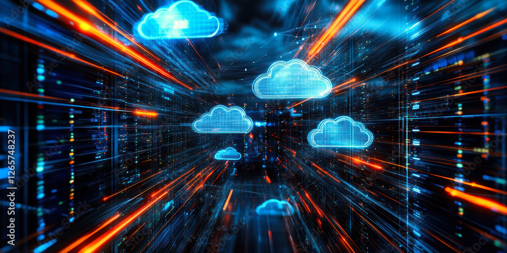 Poster this striking digital artwork illustrates a vibrant network of cloud computing, showcasing data flow
