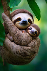Fototapeta premium A heartwarming scene of a sloth mother cuddling her baby, showcasing the beauty of their bond in a lush green environment.