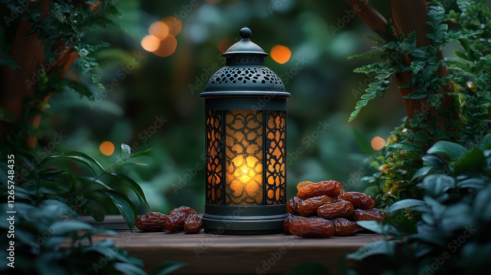 Poster illuminated lantern with dates in lush forest setting