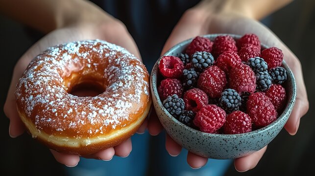 Hands Holding a Glazed Donut and a Bowl of Berries, Highlighting Food Choices Contrast