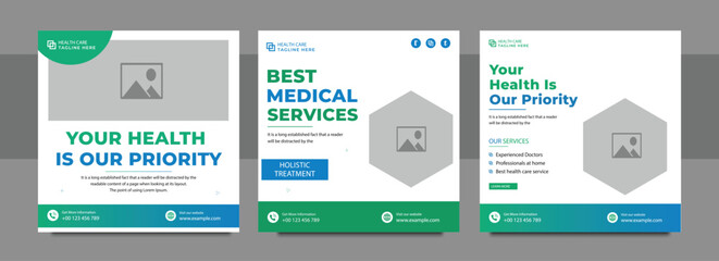 Professional medical healthcare service social media post template design. Clinic or hospital digital marketing. Creative health business promotion banner for doctor, dentist with logo.