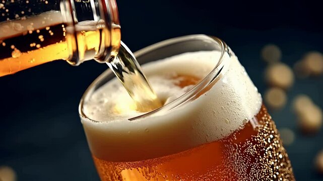 Close-up, slow motion shot of a glass bottle neck pouring a good amount of ice cold beer into a glass with numerous droplets of condensation, creating a dense foam, dark blue background