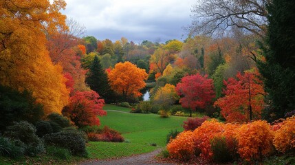 Fototapeta premium Vibrant Autumn Landscape with Colorful Trees and Lush Foliage in a Serene Botanical Garden