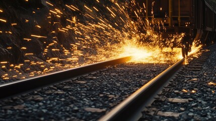 Obraz premium Fierce metal friction as a freight train moves over the tracks, creating a mesmerizing cascade of flying sparks.