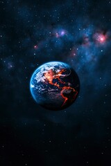 Obraz premium Earth with glowing spots amid starry background, showing climate issues and energy