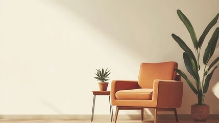 Interior with a stylish orange chair and plants