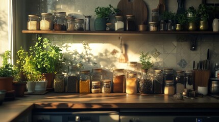 Variety of spices and herbs on kitchen table.