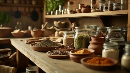 Variety of spices and herbs on kitchen table.