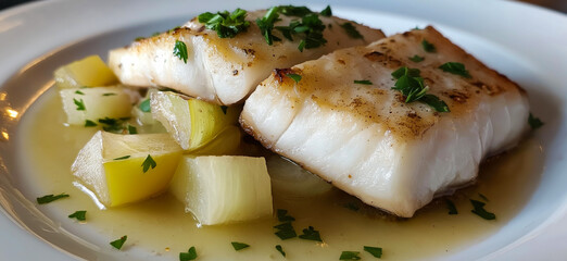 Close-up of pan seared perch fillets seasoned with parsley and black pepper, served with roasted potatoes and lemon