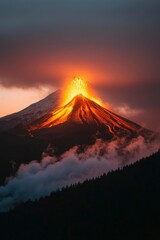 Volcano erupting at dusk, with lava flowing down in a volcanic landscape scene