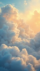 Layers of cumulus clouds illustration reflecting golden hour light in photorealistic watercolor, rich depth and warm tones
