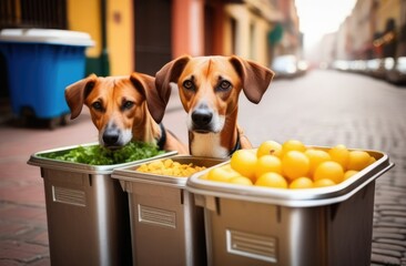 Animals. Two hungry street dogs standing near food containers on a deserted street. 