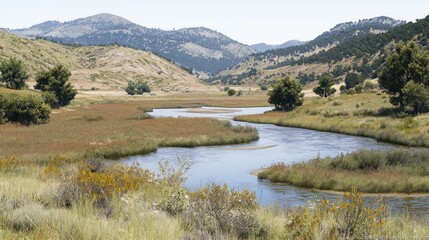Serene river meandering through valley,  mountain backdrop,  lush vegetation