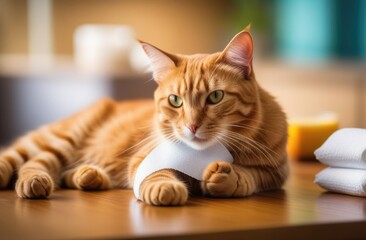 Animals concept. beautiful red domestic cat lying on the table in the veterinary office. The close-up highlights the cat's calm demeanor as she receives care and attention from a veterinarian.