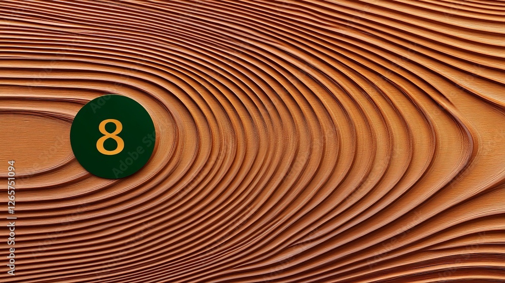 Poster abstract wood texture with circular green element and number 8