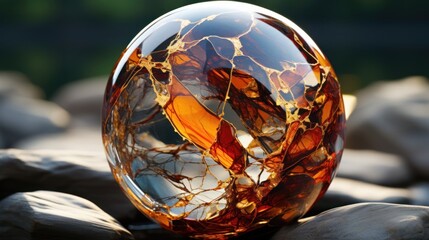 Glass amber ball. Close up. Beautiful glass ball