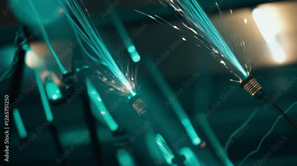 Poster moody ambient zoom in video of glowing fiber optic strands dance, creating an ethereal network of il