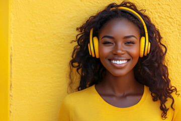 A smiling African American woman with headphones on, set against a vibrant yellow background, captured in clean minimalism, evoking the concept of music enjoyment or learning