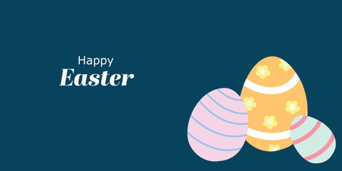 A Happy Easter greeting card design with decorative eggs on a dark blue background. Perfect for holiday greetings and festive designs. 