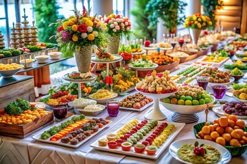 Obraz premium Elegant Wedding Buffet: Aerial View of Delicious Catering Display