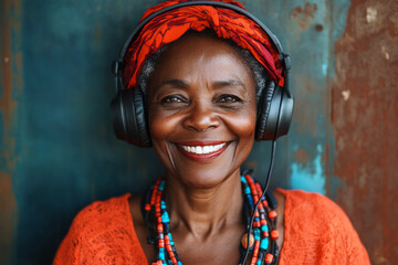 A smiling African American grandmother wearing headphones, set against a dark chocolate wall, conveying the joy of music enjoyment or learning in a warm and inviting atmosphere