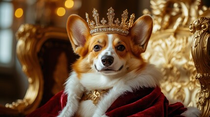 Majestic Corgi in a Golden Crown and Red Velvet Cape Sitting on a Royal Throne