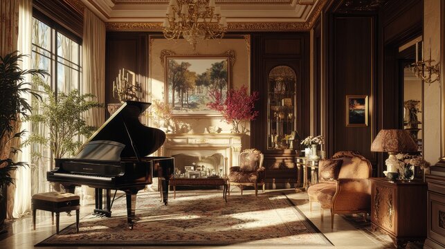 Elegant and ornate living room featuring a grand piano