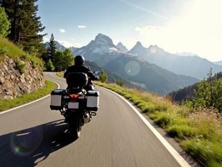 High speed motorcycle ride along a winding mountain highway on a sunny spring day