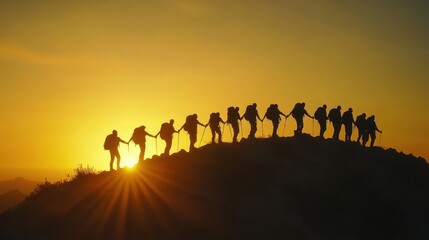 A group of hikers silhouetted against a stunning sunset, showcasing unity and adventure in nature. Perfect for outdoor and travel themes.