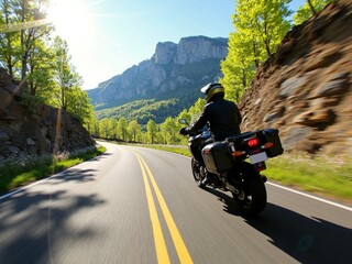 High speed motorcycle ride along a winding mountain highway on a sunny spring day