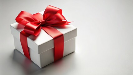 Obraz premium Elegant White Gift Box with Red Ribbon and Bow - Perfect for Holiday or Birthday Presents