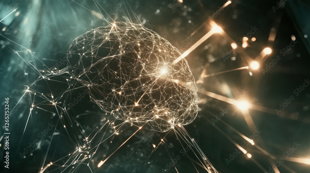 Poster abstract representation of human brain with neural connections and impulses