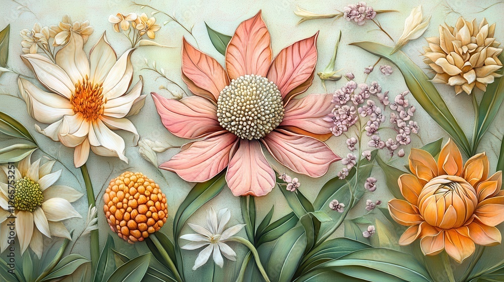 Poster exquisite botanical art displaying softly textured flowers in a serene color palette on a gentle bac