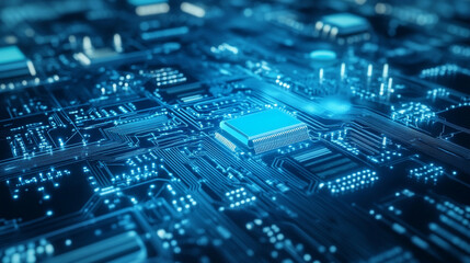 Manufacturing Automation. Advanced High Precision Close-up of a futuristic blue circuit board with glowing lines and components,