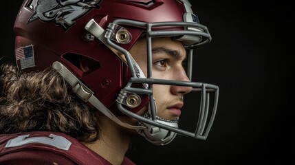 Fototapeta premium Intense American football player in helmet, focused and determined, embodies strength and resilience. 